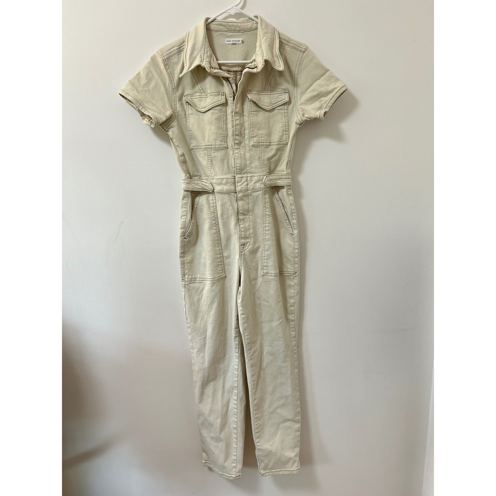 Good American Fit for Success Short Sleeve Denim Jumpsuit Bone  Size 3
